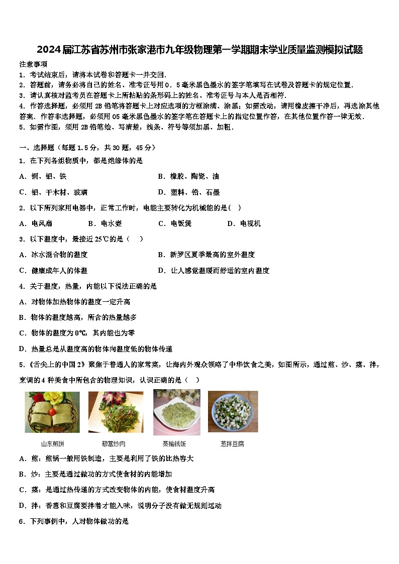 2024届江苏省苏州市张家港市九年级物理第一学期期末学业质量监测模拟试题含解析第1页