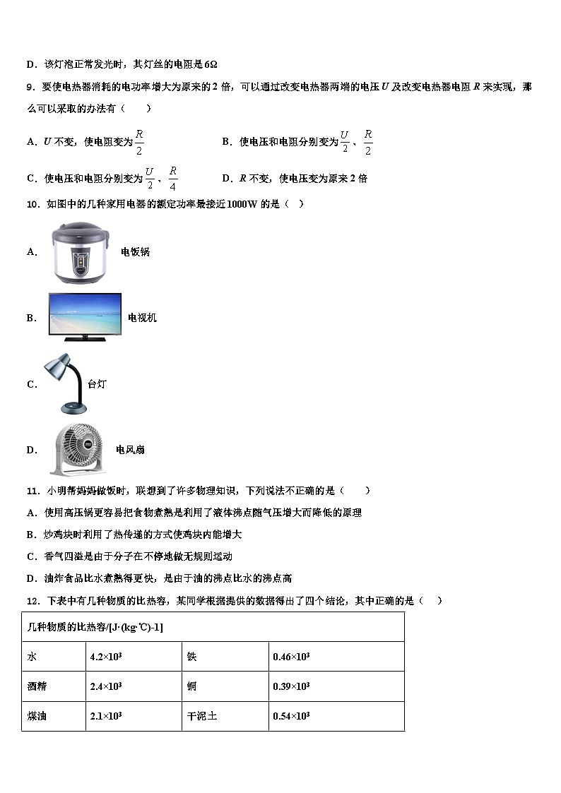 2024届陕西省汉中学市南郑区红庙镇初级中学物理九年级第一学期期末调研试题含解析03