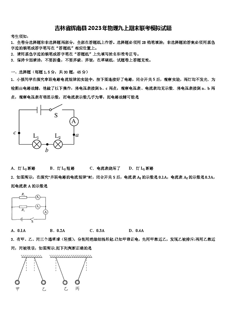吉林省辉南县2023年物理九上期末联考模拟试题含解析第1页