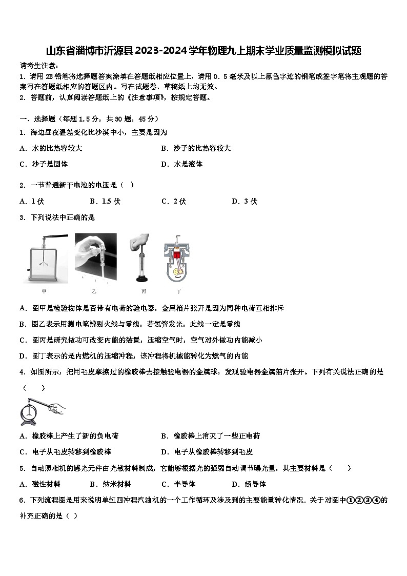 山东省淄博市沂源县2023-2024学年物理九上期末学业质量监测模拟试题含解析01