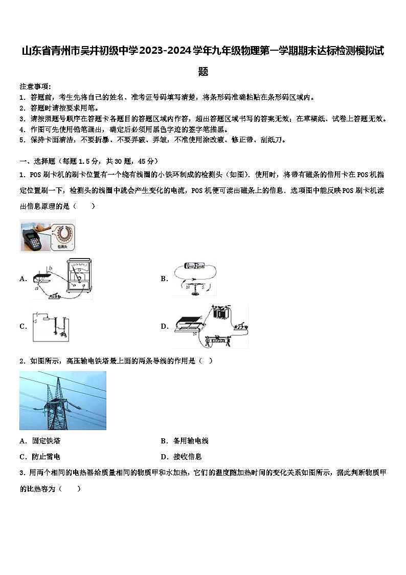 山东省青州市吴井初级中学2023-2024学年九年级物理第一学期期末达标检测模拟试题含解析01