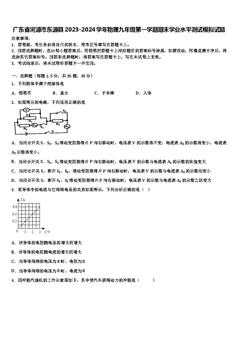 广东省河源市东源县2023-2024学年物理九年级第一学期期末学业水平测试模拟试题含解析01