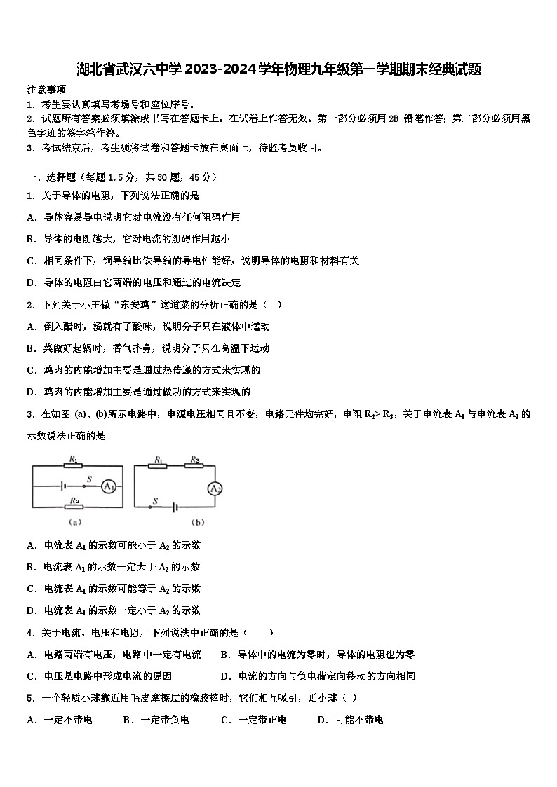 湖北省武汉六中学2023-2024学年物理九年级第一学期期末经典试题含解析01