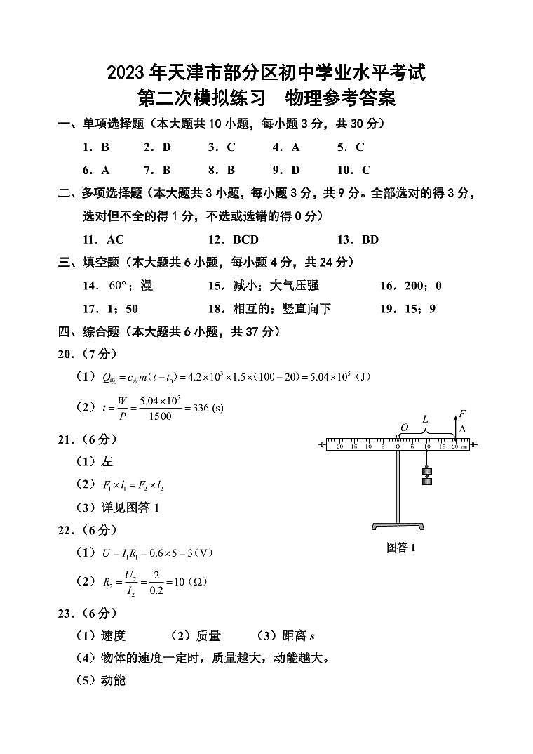 2023年部分区二模物理试卷参考答案第1页