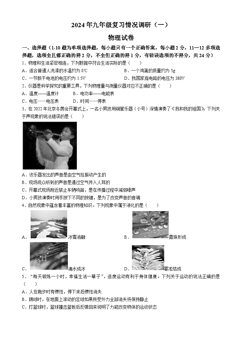 2024年黑龙江省哈尔滨市南岗区（一模）物理试题第1页
