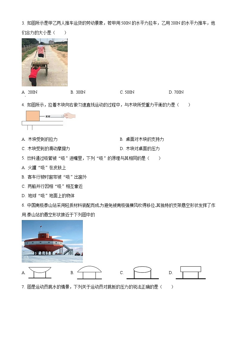 福建省厦门市双十中学2023-2024学年八年级下学期物理第一次阶段考试（4月月考）（原卷版）第2页