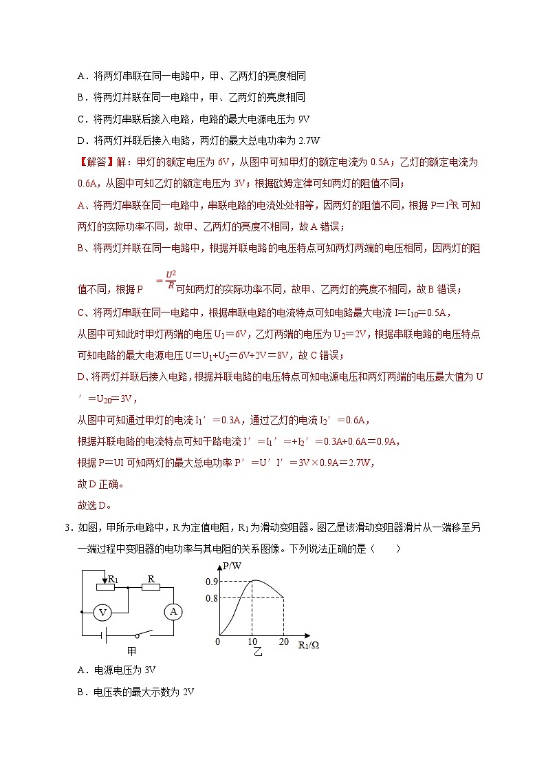 中考物理二轮复习题型专项复习图像题05 电功率、焦耳定律（含解析）02