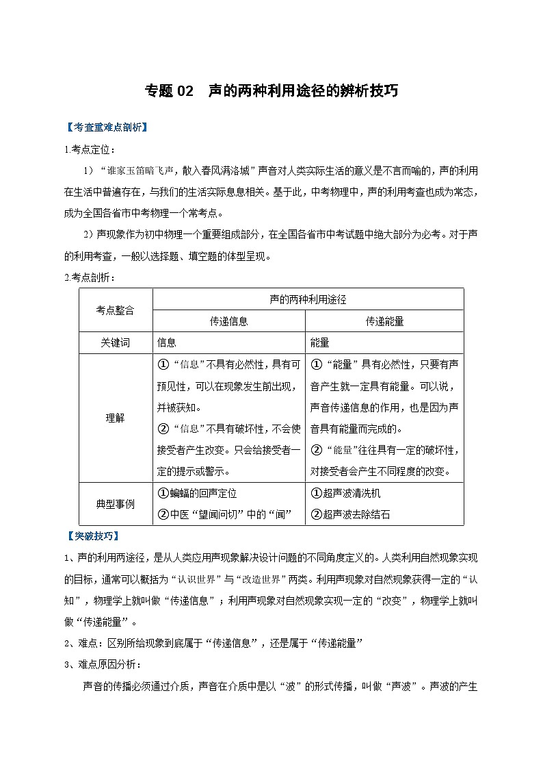 中考物理二轮复习难点剖析+真题汇编专题02  声的两种利用途径的辨析技巧（含解析）第1页