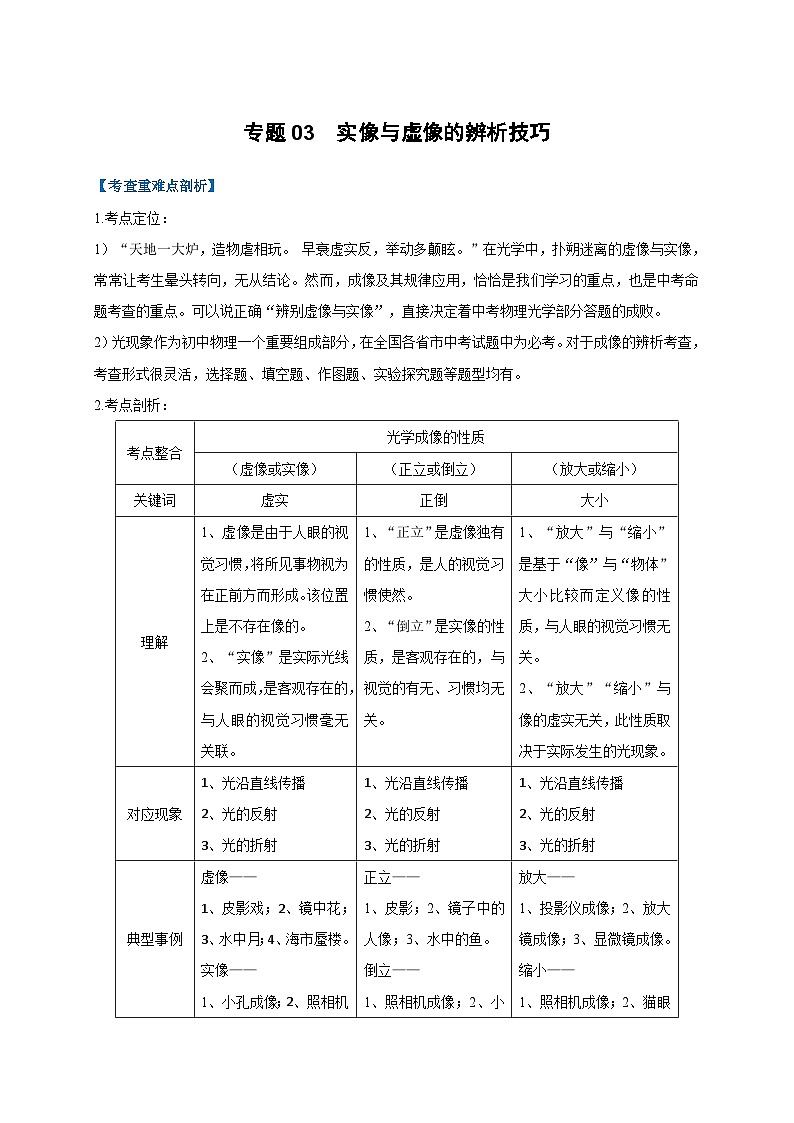 中考物理二轮复习难点剖析+真题汇编专题03  实像与虚像的辨析技巧（含解析）第1页