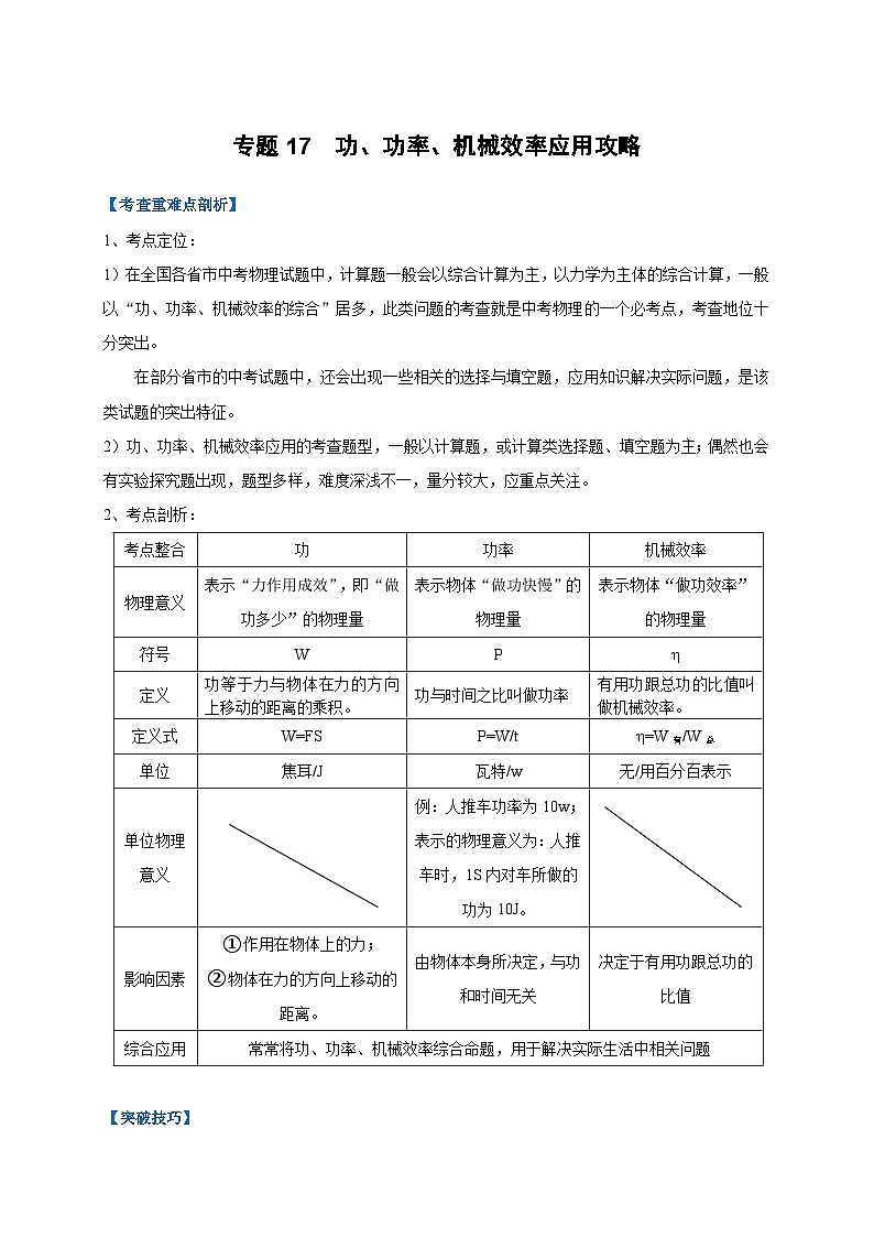 中考物理二轮复习难点剖析+真题汇编专题17  功、功率、机械效率应用攻略（含解析）第1页