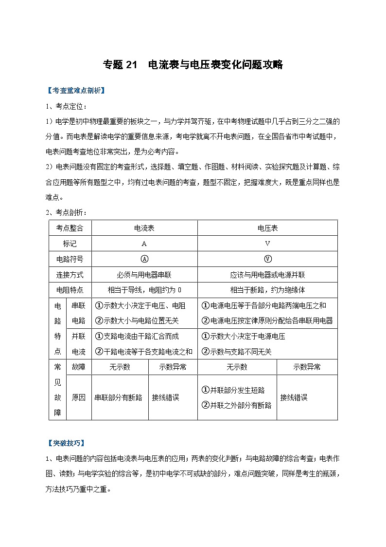 中考物理二轮复习难点剖析+真题汇编专题21  电流表与电压表变化问题攻略（含解析）第1页