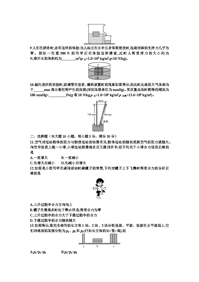 2023-2024学年沪科版物理八年级下学期期中模拟试卷第2页