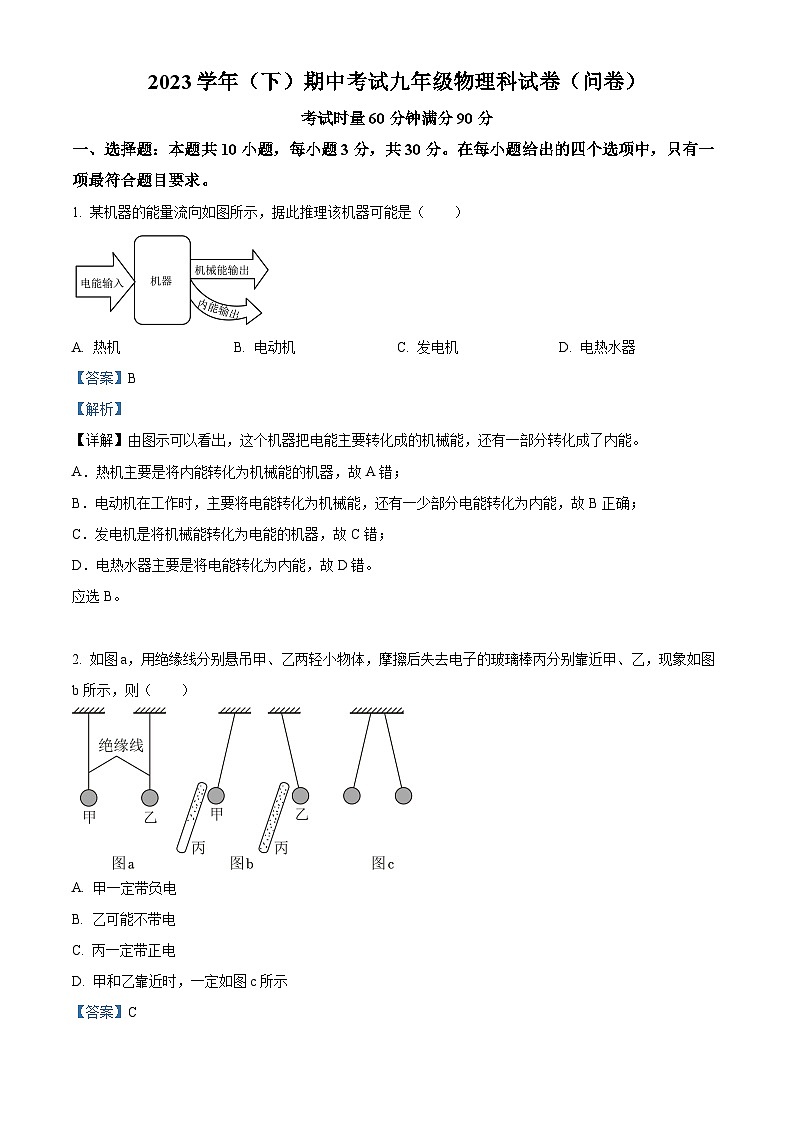 广东省广州市越秀区广州市第七中学2023-2024学年九年级下学期3月月考物理试题（原卷版+解析版）01
