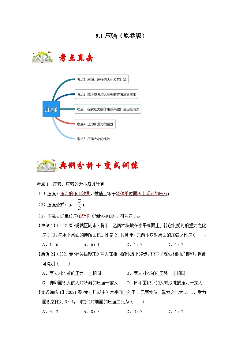 人教版八年级物理下册同步考点专题训练9.1压强(原卷版+解析)01