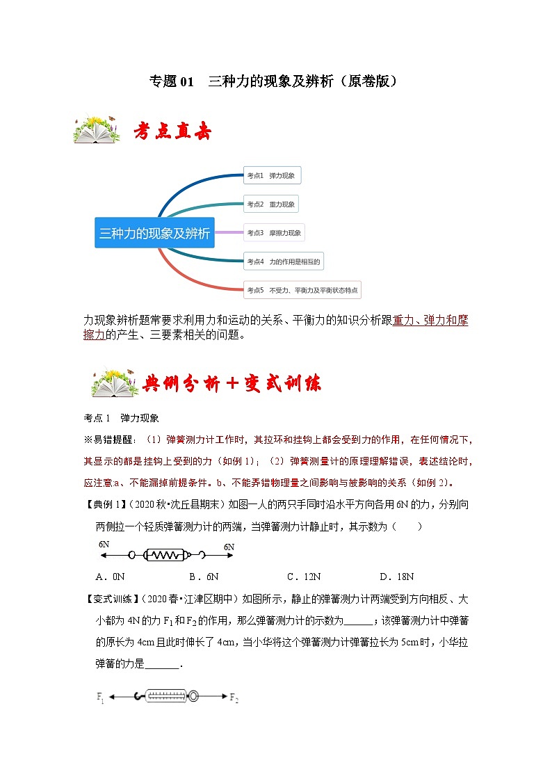 人教版八年级物理下册同步考点专题训练专题01三种力的现象及辨析(原卷版+解析)01