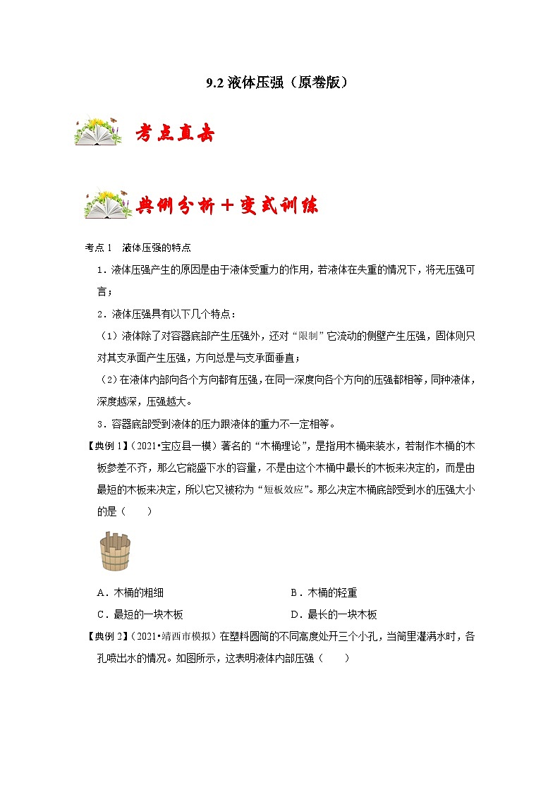 人教版八年级物理下册同步考点专题训练9.2液体的压强(原卷版+解析)01