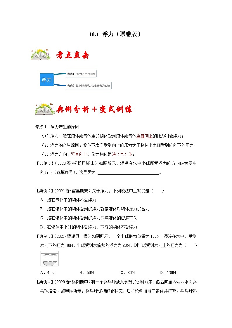 人教版八年级物理下册同步考点专题训练10.1浮力(原卷版+解析)第1页