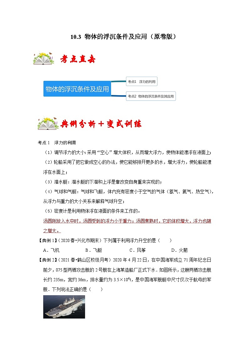 人教版八年级物理下册同步考点专题训练10.3物体的浮沉条件及应用(原卷版+解析)01