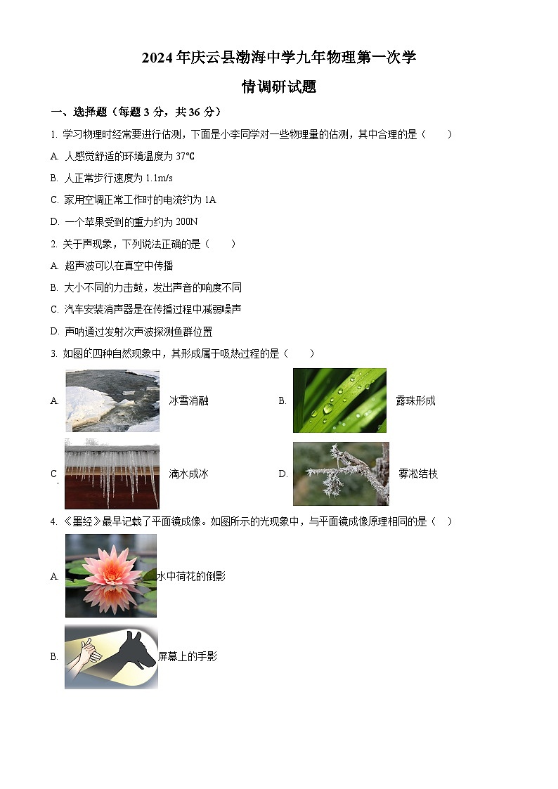 山东省德州市庆云县渤海中学2023-2024学年九年级下学期3月月考物理试题（原卷版+解析版）01
