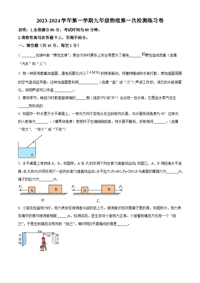 江西省吉安市吉安县第一次阶段性检测2023-2024学年九年级下学期3月月考物理试题（原卷版）第1页