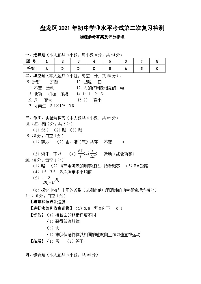 盘龙区2021年二模物理答案第1页