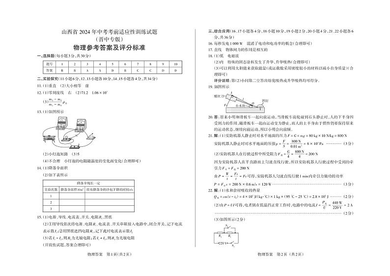 2024年山西省中考适应性考试试题-物理试题（晋中专版）及答案01