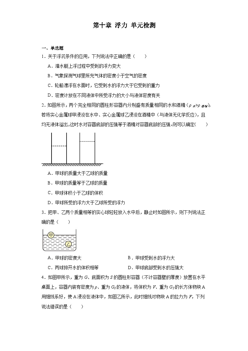 第十章+浮力+单元检测（含答案）2023-2024学年人教版物理八年级下册第1页