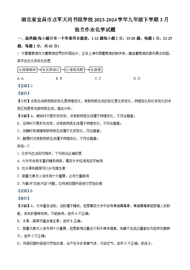 湖北省宜昌市点军天问书院学校2023-2024学年九年级下学期3月独立作业物理·化学试卷（无化学答案）-初中化学（解析版）第1页