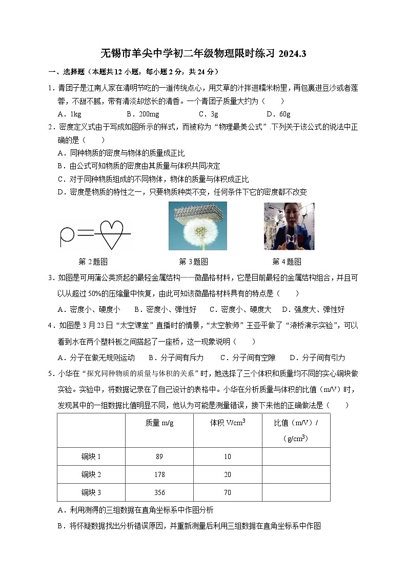 江苏省无锡市羊尖中学2023-2024学年八年级下学期3月限时练习物理试题01