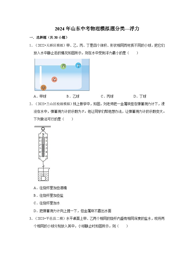 2024年山东中考物理模拟题分类---浮力01