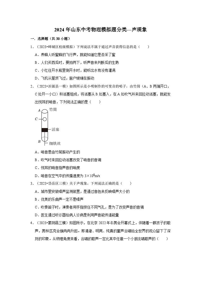 2024年山东中考物理模拟题分类---声现象01