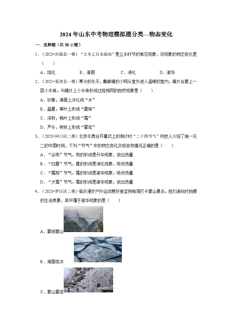 2024年山东中考物理模拟题分类---物态变化01