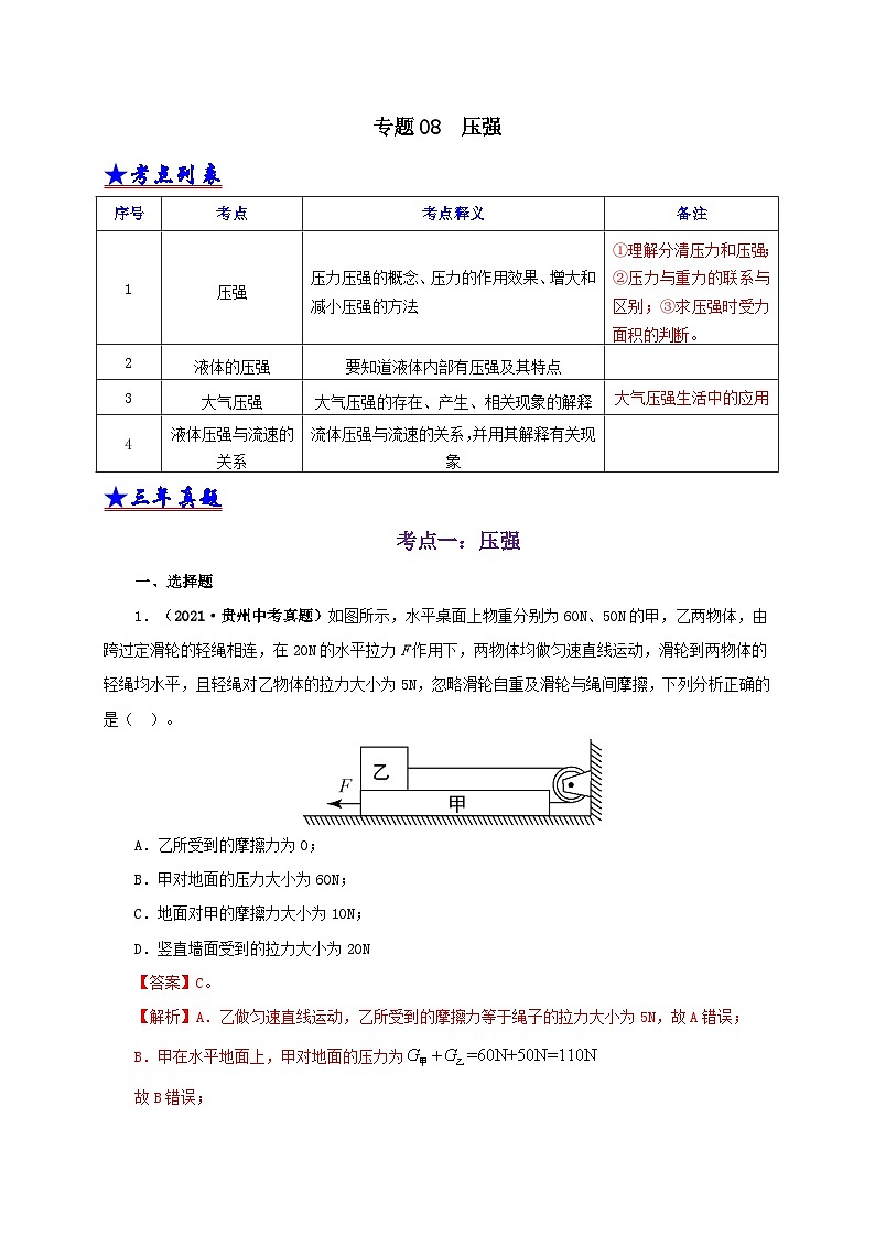中考物理二轮专题复习专题08  压强（含解析）01