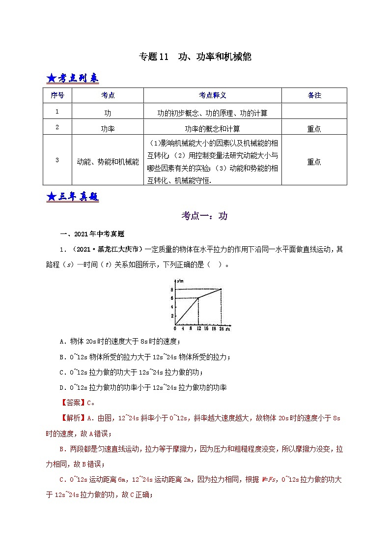 中考物理二轮专题复习专题11  功、功率和机械能（含解析）第1页