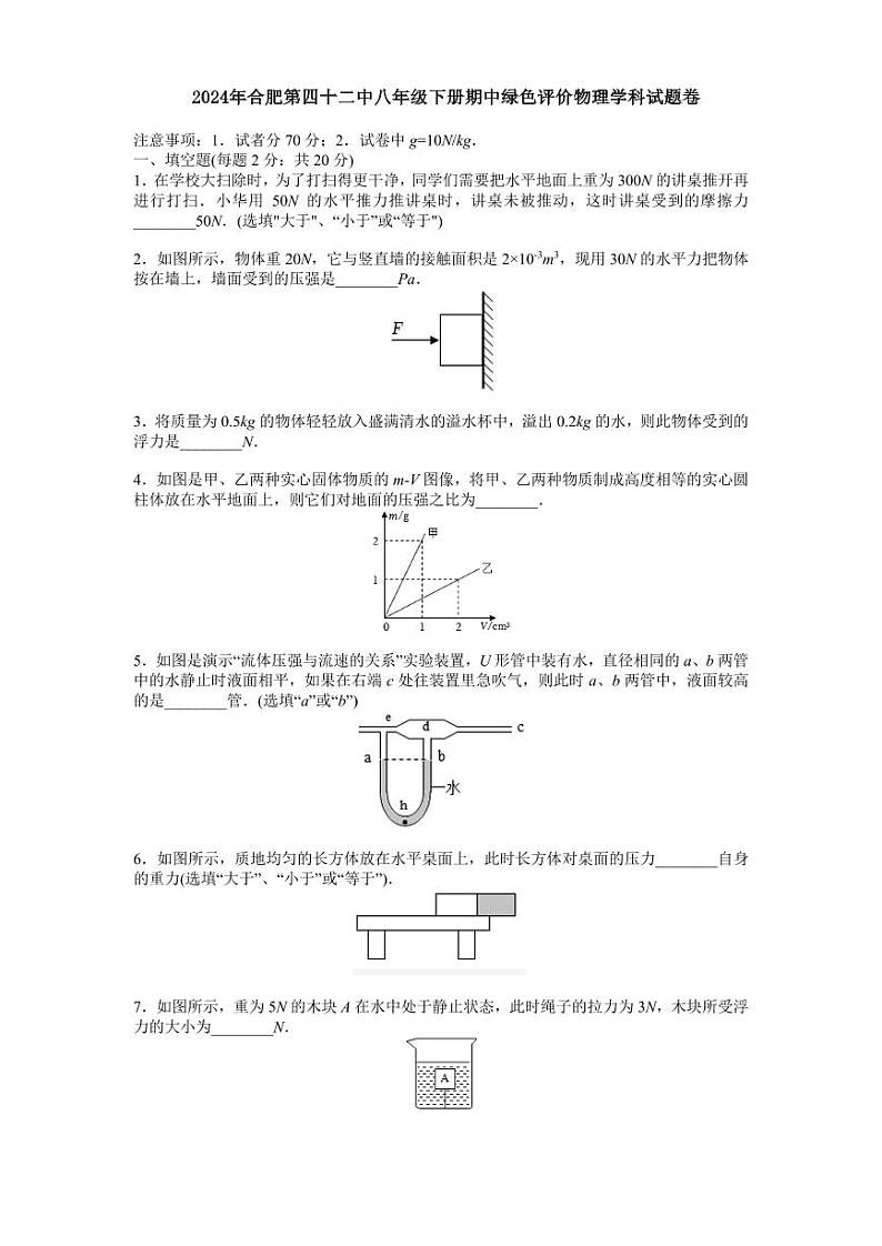 安徽省合肥市第四十二中学2023-2024学年八年级下学期期中物理考试卷第1页