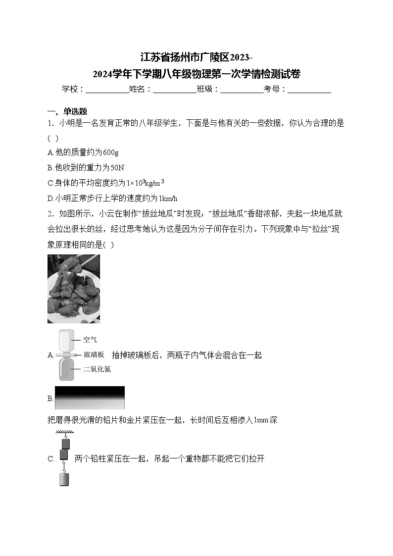 江苏省扬州市广陵区2023-2024学年下学期八年级物理第一次学情检测试卷(含答案)01