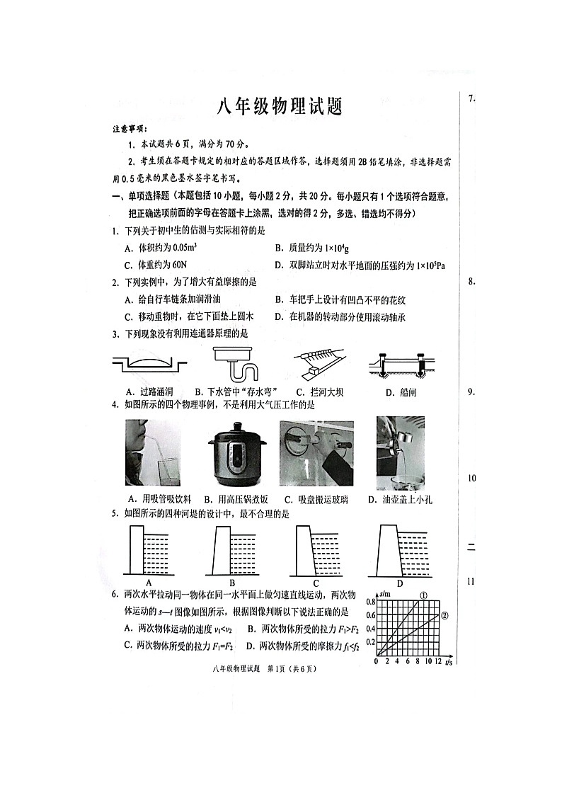山东省菏泽市鲁西新区2023-2024学年八年级下学期期中物理试题（扫描版无答案）01