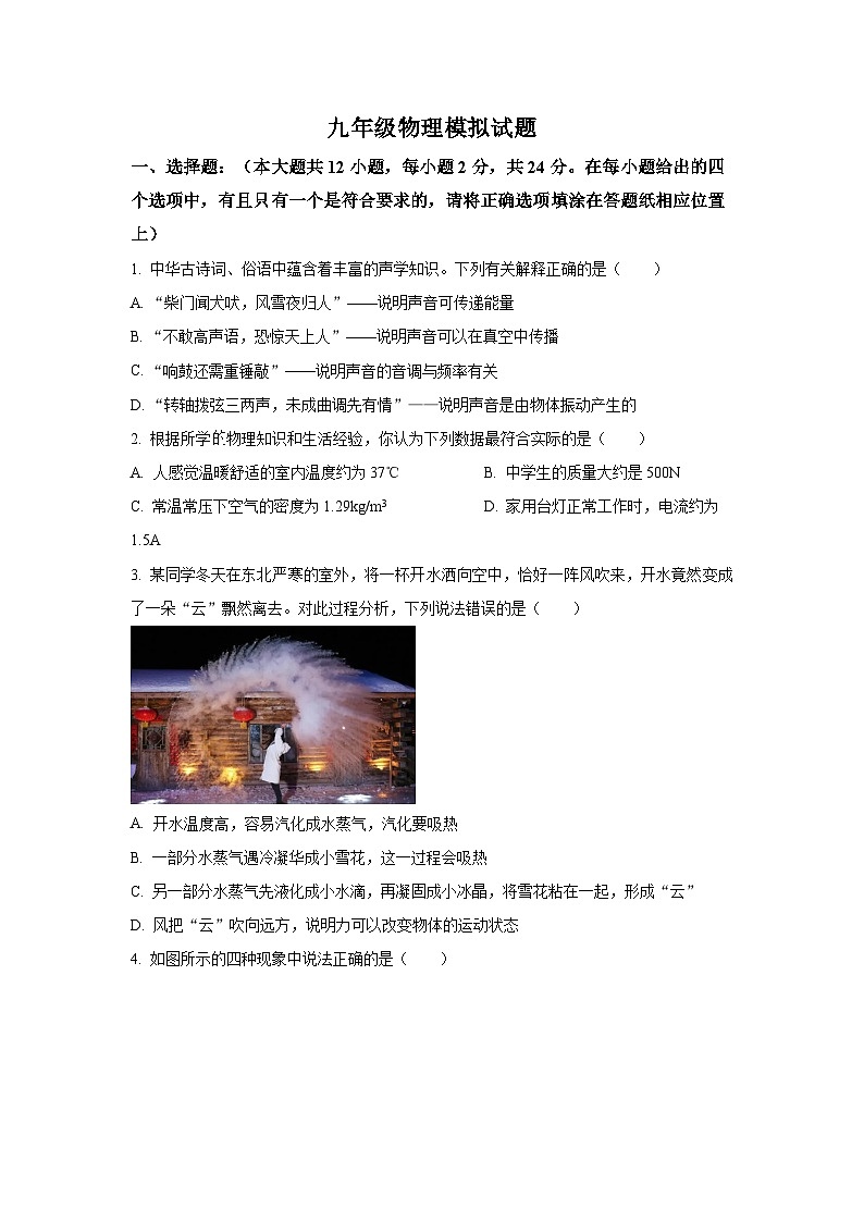 江苏省宿迁市宿城区宿迁市宿城区2023-2024学年中考物理复习模拟试卷01