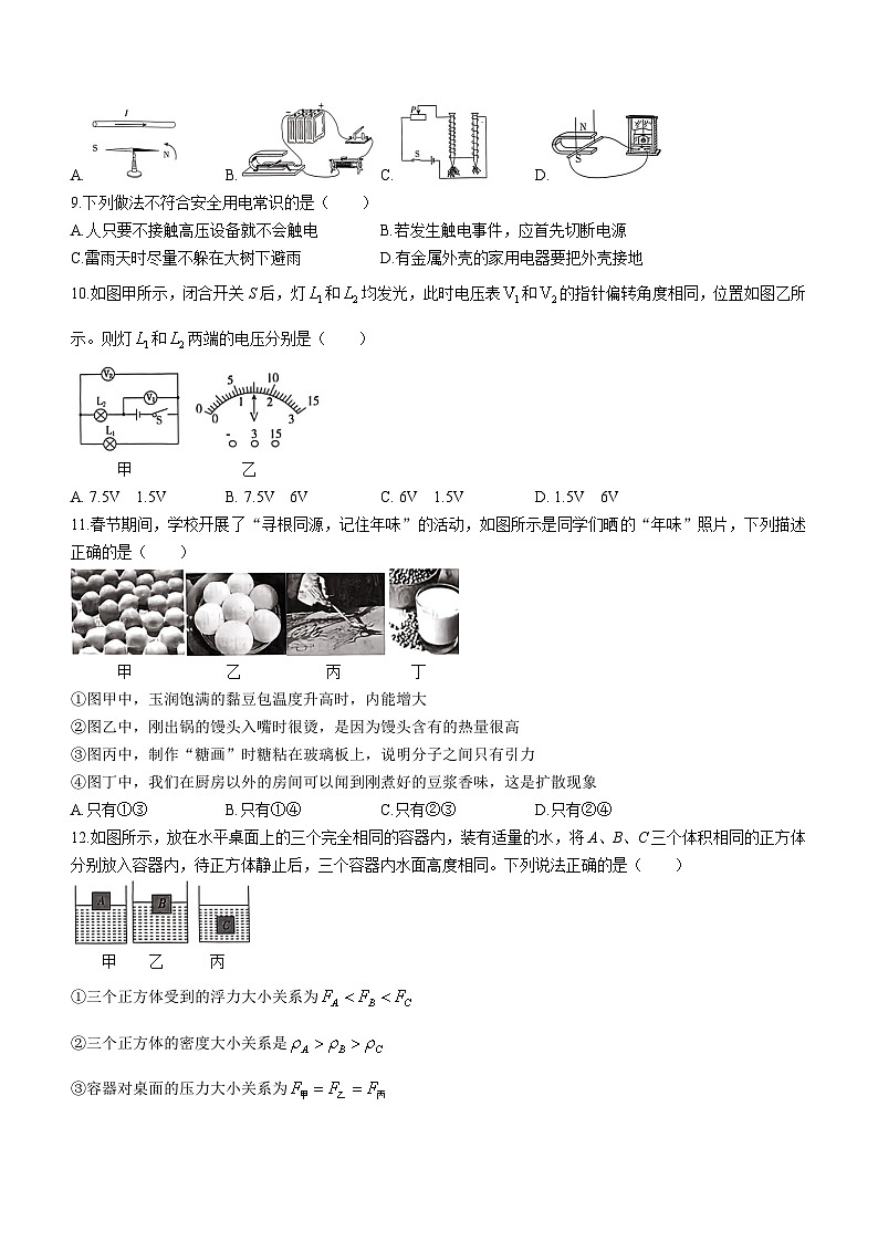 2024年山东省泰安市一中九年级中考一模考试物理试题(无答案)第3页