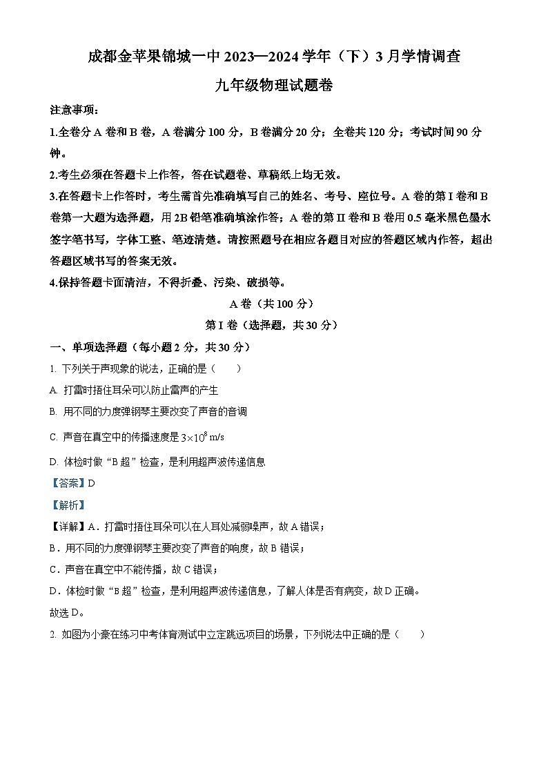 四川省成都金苹果锦城第一中学2023-2024学年下学期3月考九年级物理试卷（解析版）第1页