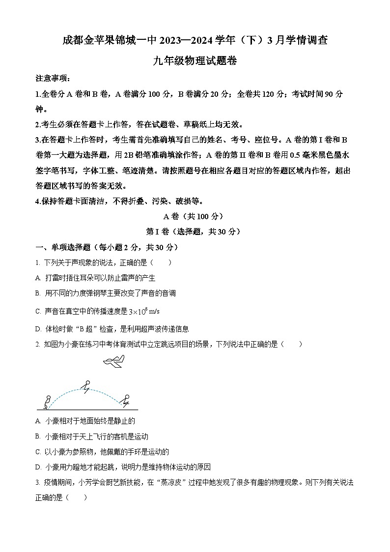 四川省成都金苹果锦城第一中学2023-2024学年下学期3月考九年级物理试卷（原卷版）第1页