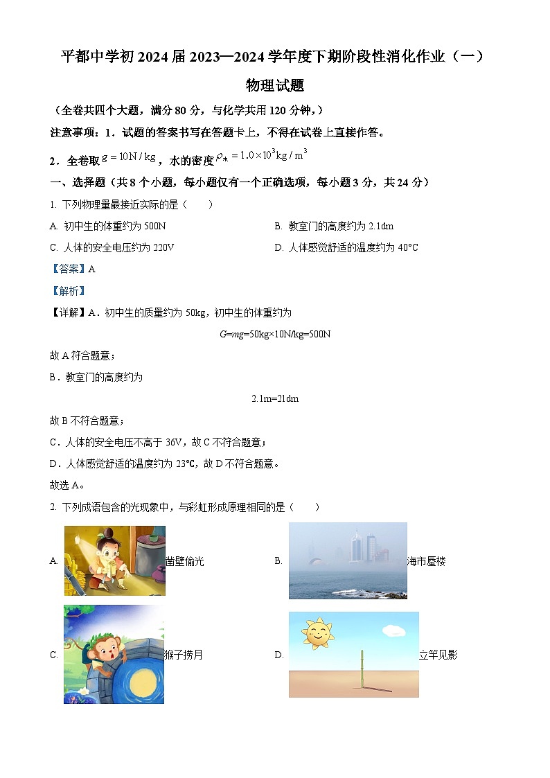 重庆市丰都县平都中学校2023-2024学年九年级下学期3月月考物理试题（原卷版+解析版）01