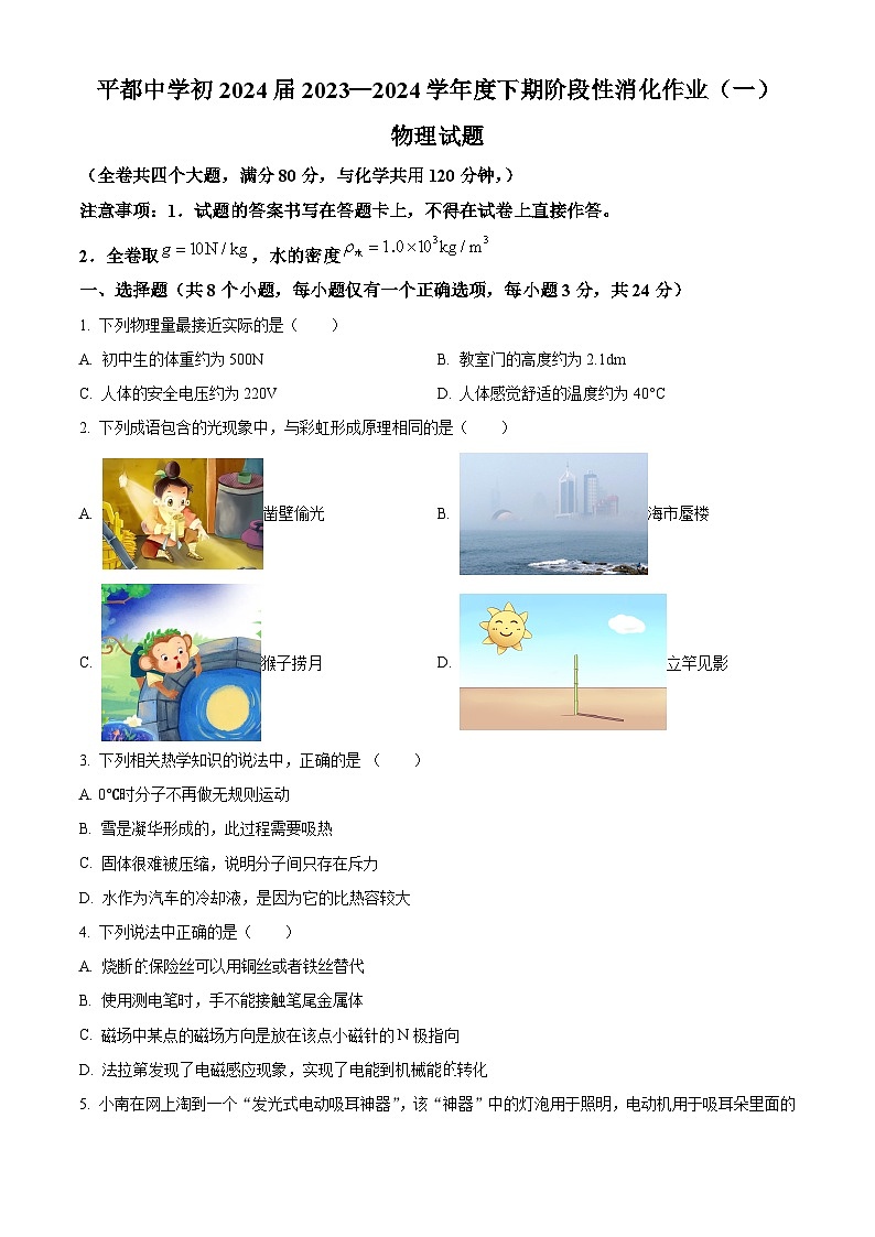 重庆市丰都县平都中学校2023-2024学年九年级下学期3月月考物理试题（原卷版+解析版）01