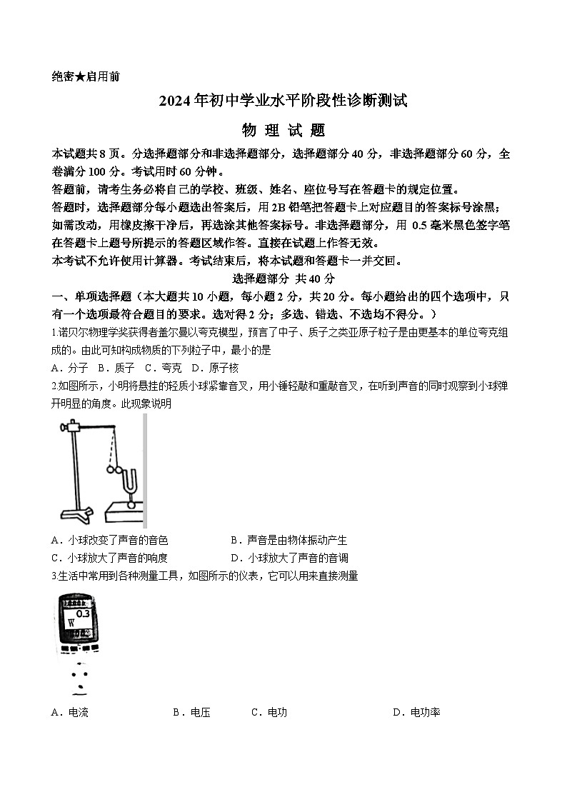 2024年山东省济南市莱芜区九年级二模物理试题(无答案)01