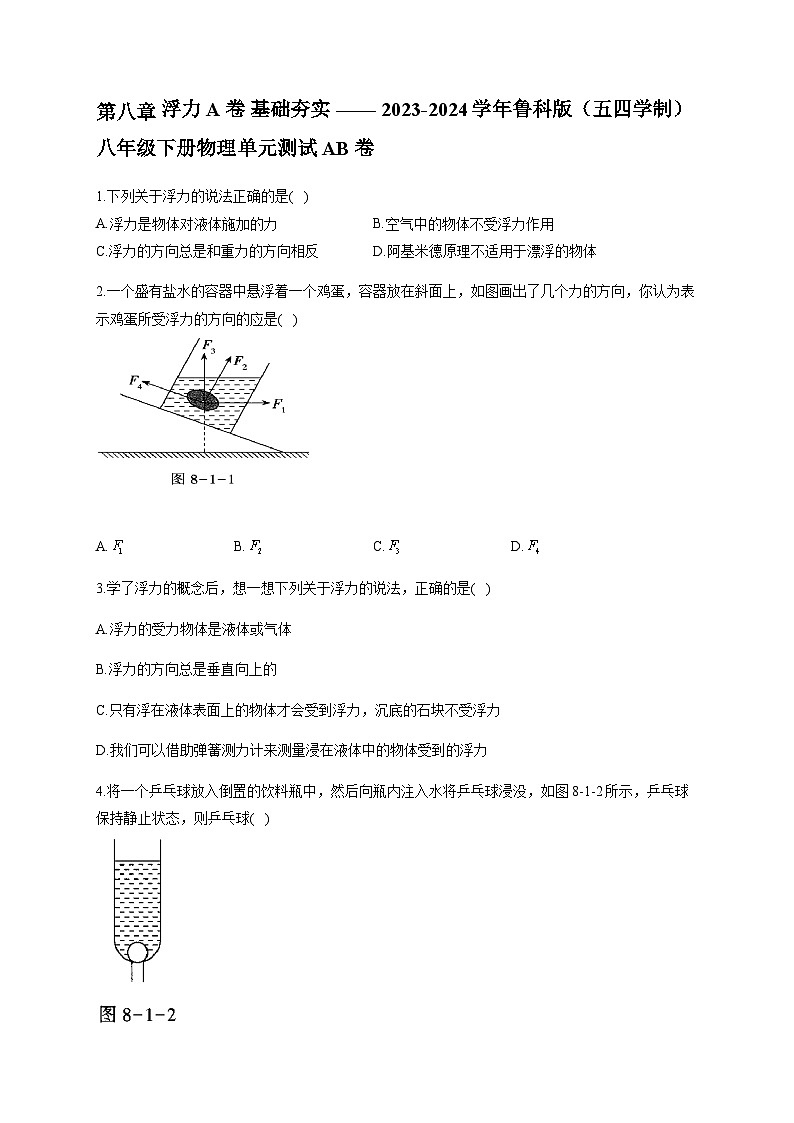 第八章 浮力 A卷 基础夯实 —— 2023-2024学年鲁科版（五四学制）八年级下册物理单元测试AB卷01