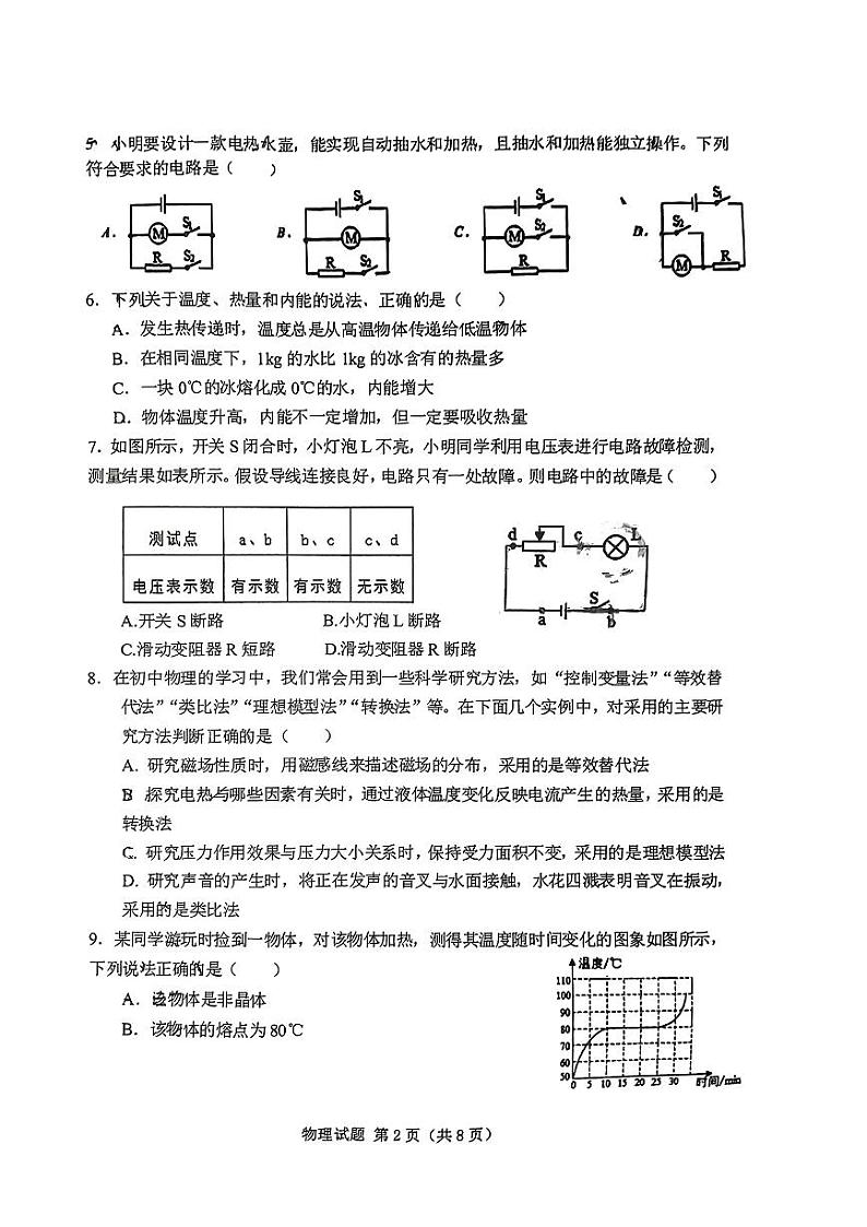 山东省泰安市刘杜镇2023－2024学年九年级下学期一模考试物理试题第2页