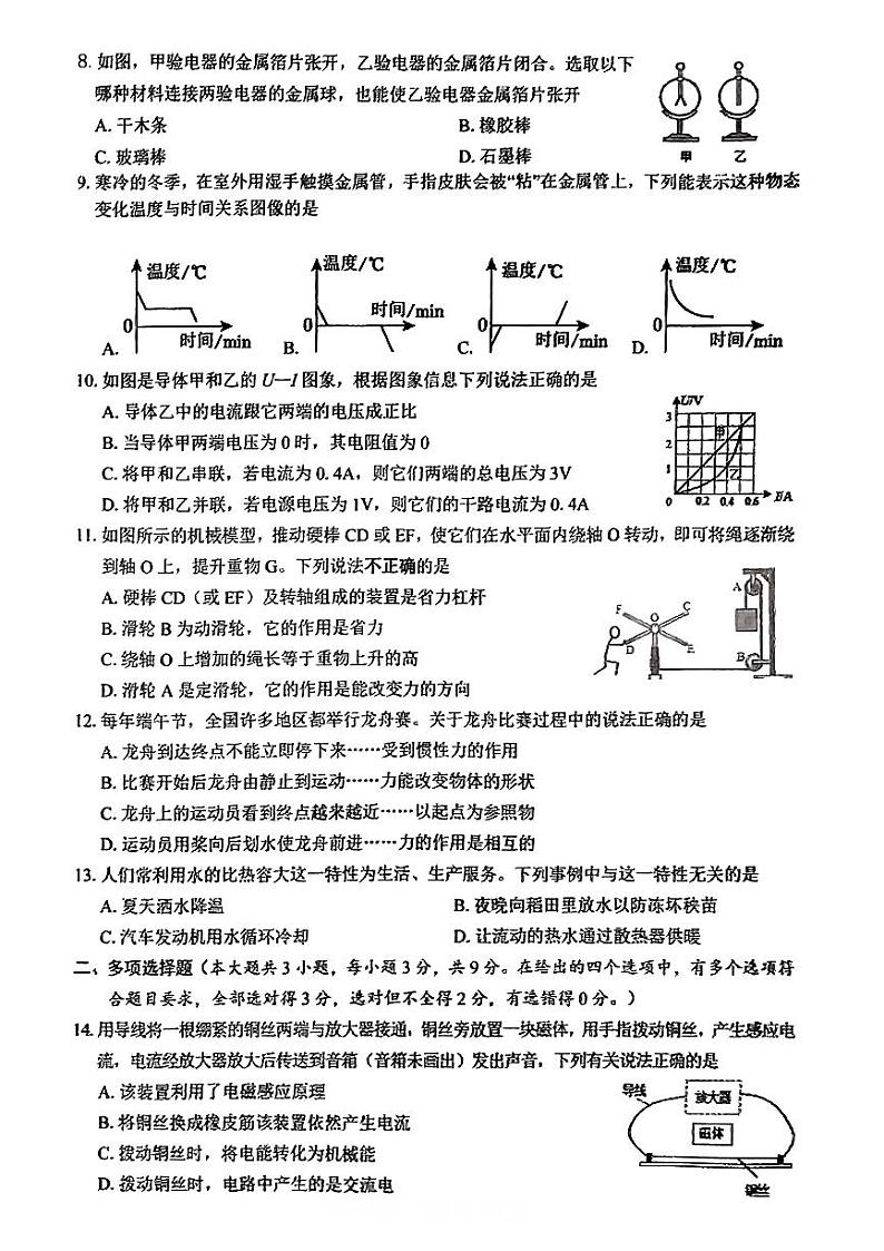 2024年广西桂林中学九年级下学期一模考试物理试题第2页