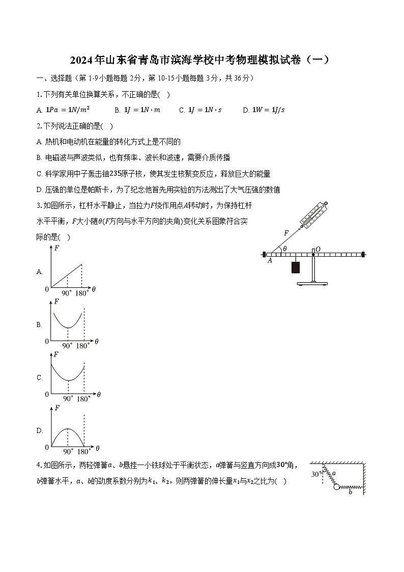 2024年山东省青岛市滨海学校中考物理模拟试卷（一）（含解析）第1页