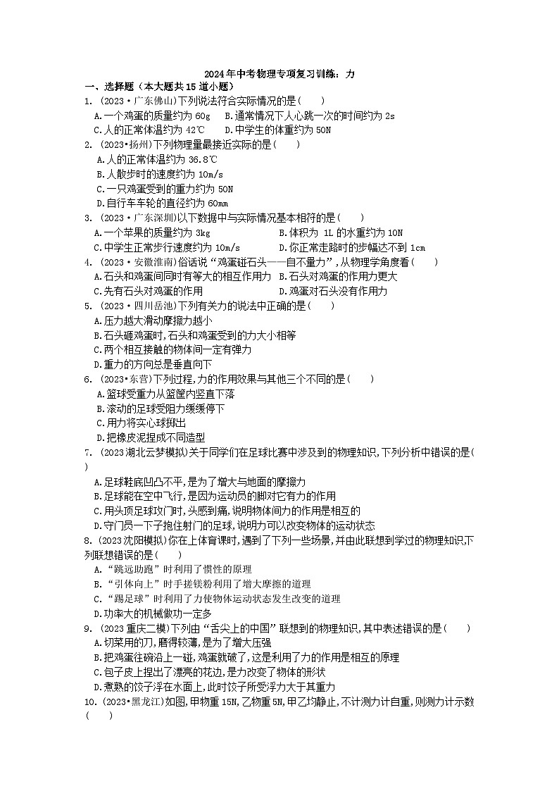 2024年中考物理专项复习训练：力（解析版）第1页