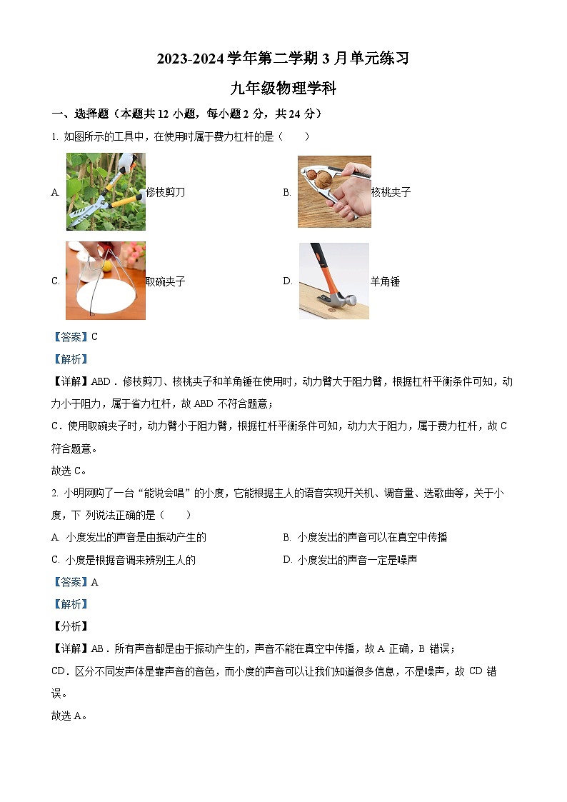 江苏省苏州市工业园区星港学校2023-2024学年九年级下学期3月物理练习（解析版）第1页